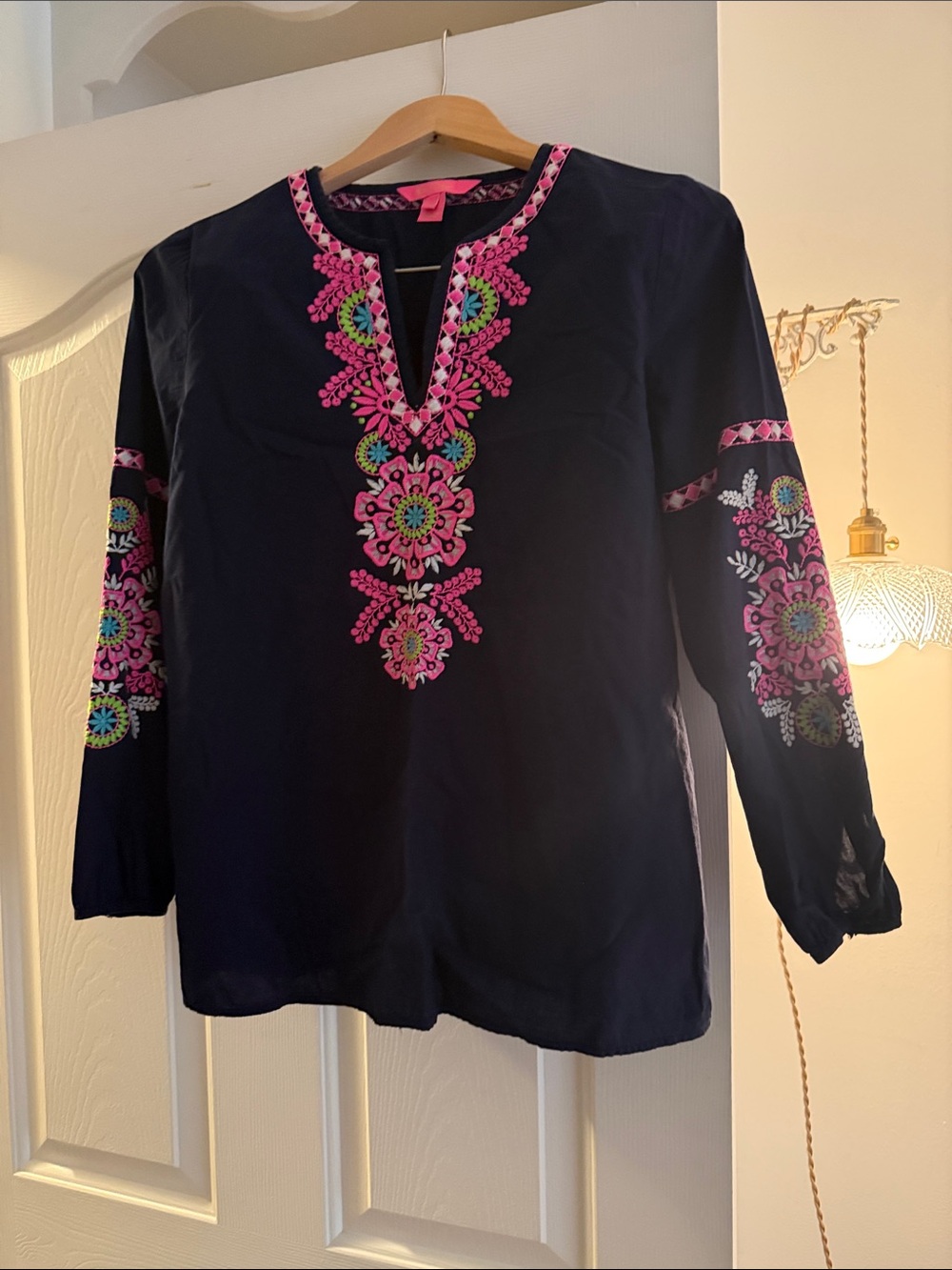 Lilly Pulitzer Navy Tunic with Pink Floral Embroidery